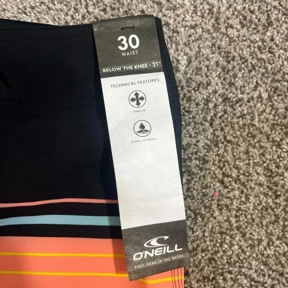 NWT Oneill Hyperdry below knee‎ surf shorts orange/blue stripe Size 30